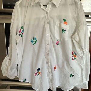 White Embroidered Blouse with Colorful flowers by Magazine.